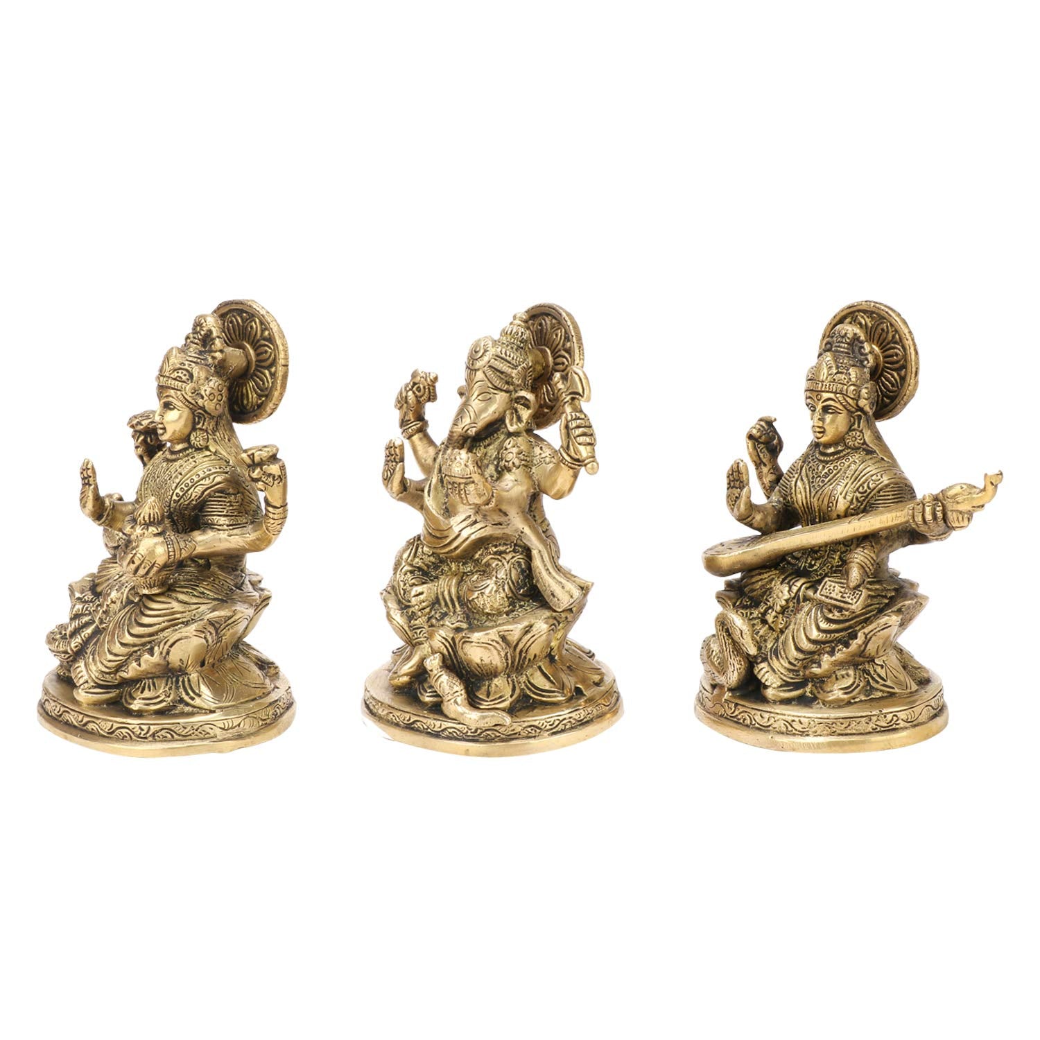 Kartique Brass Laxmi Ganesh Saraswati Bhagwan Idol Sitting On Lotus | Ganpati Murti Metal Statue For Home Office Success Entranc